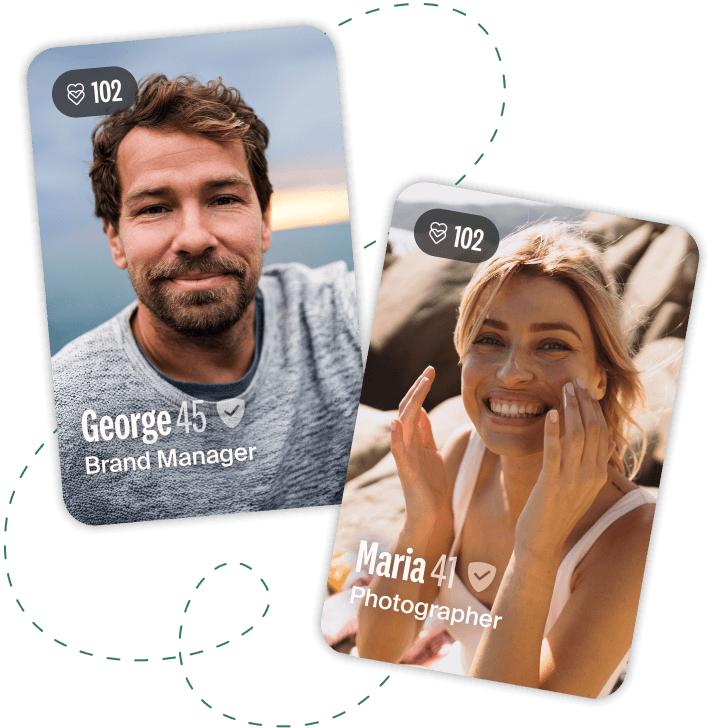 Two dating profiles featuring smiling singles with serious intentions.