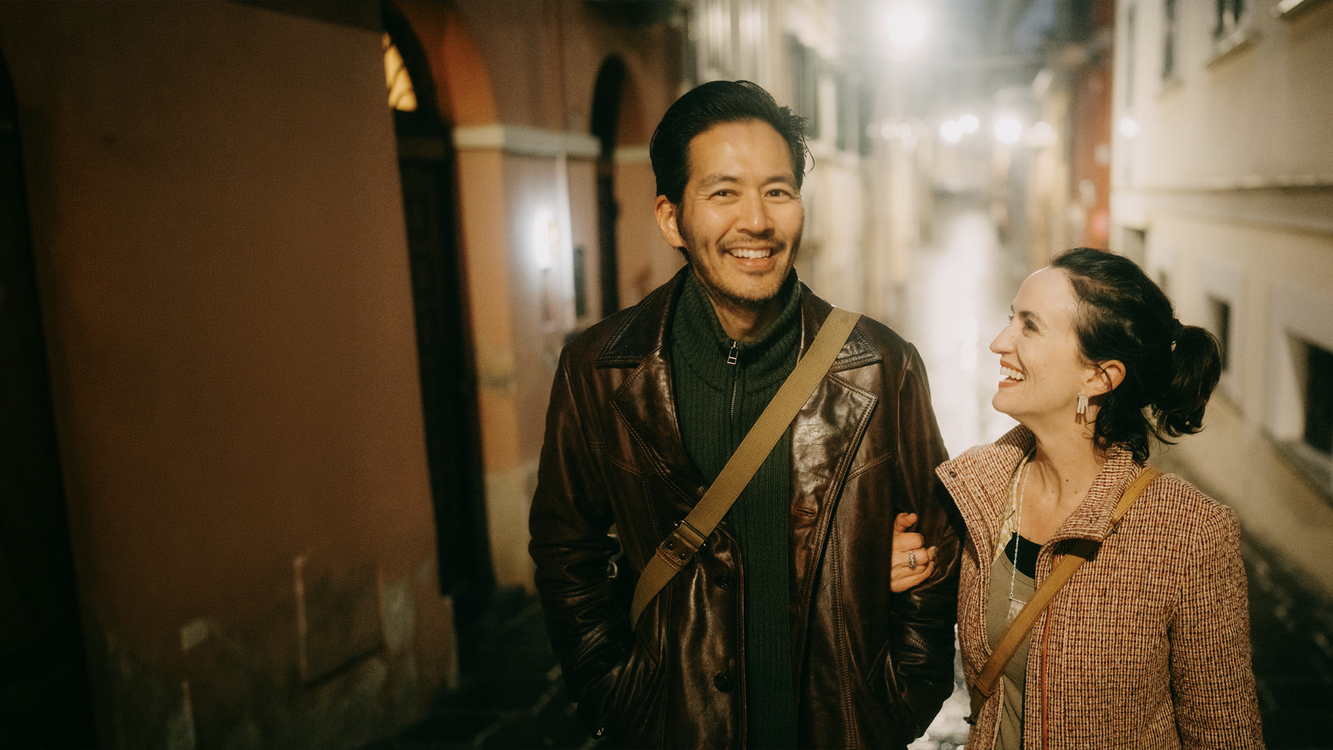 Professional couple walking together after meeting online
