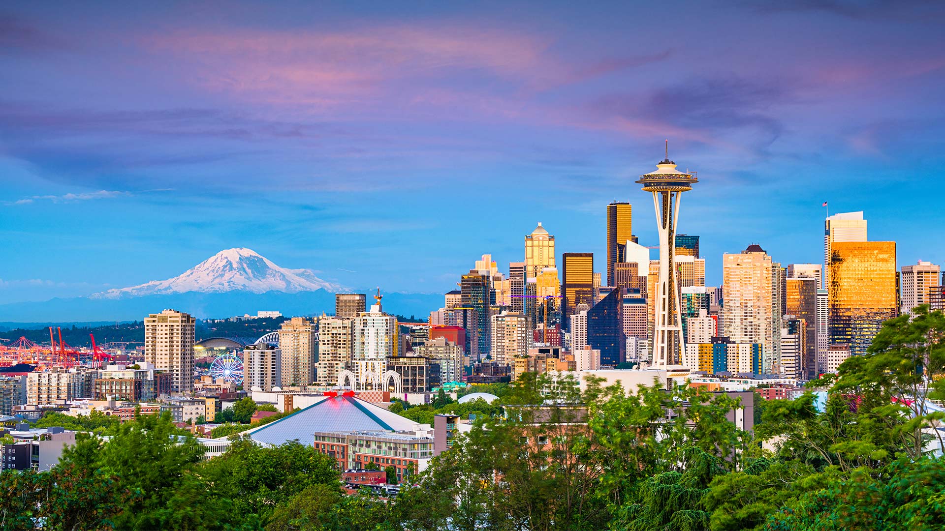Seattle skyline with the Space Needle overlooking downtown Seattle.