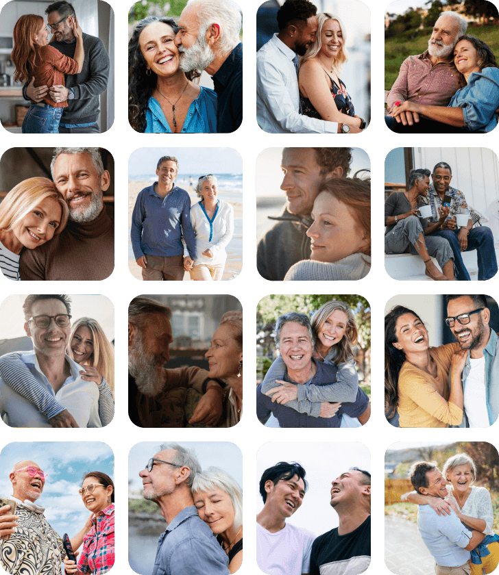 Grid of happy couples of different ages smiling and embracing together.